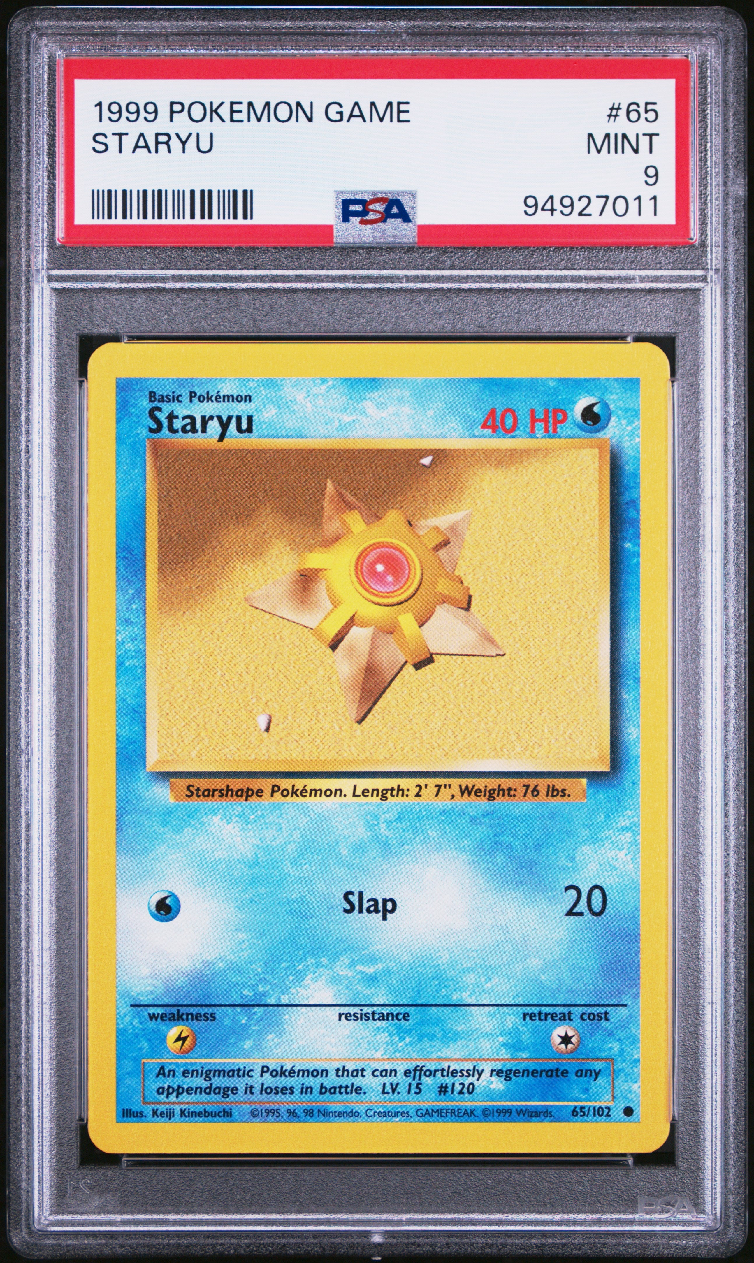 Secure a well-preserved 1999 Pokémon Base Set Staryu #65/102, PSA Graded 9! Ideal for collectors of high-quality vintage Pokémon cards. Don't miss adding this standout piece to your collection.