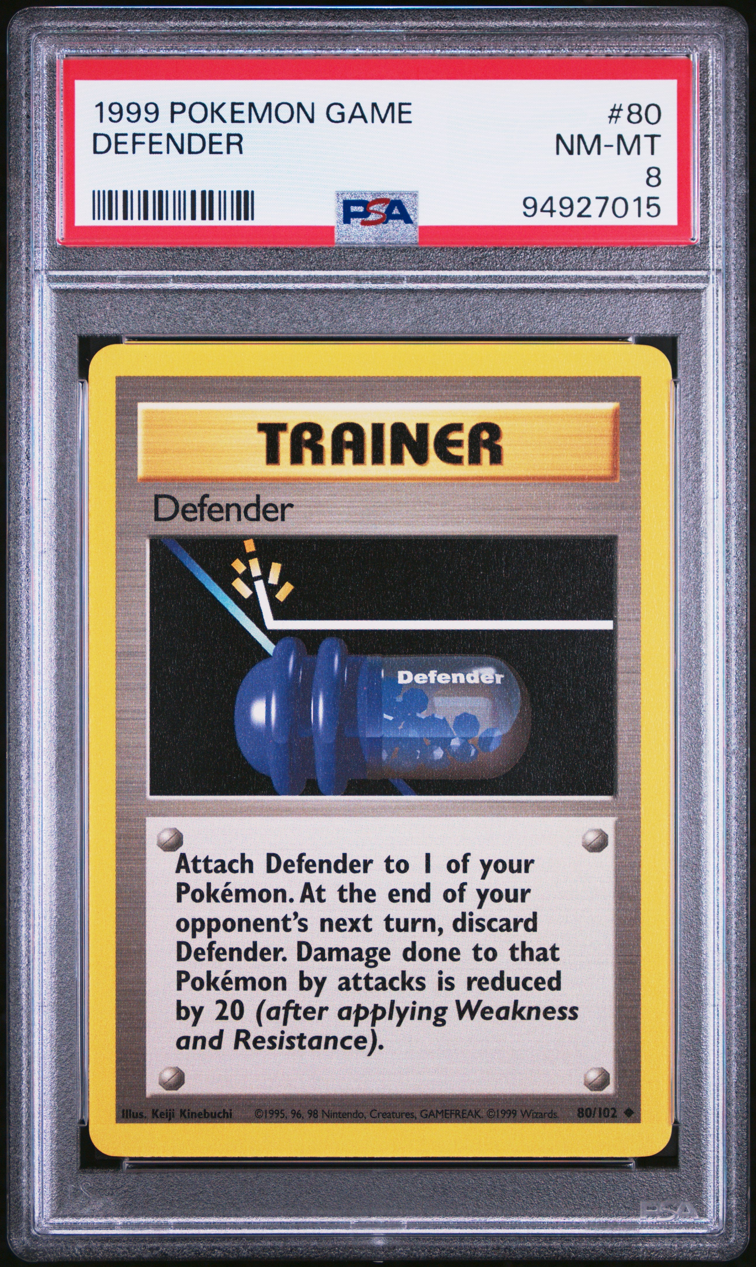 Add a valuable 1999 Pokémon Base Set Defender #80/102, PSA Graded 8, to your collection! Perfect for vintage Pokémon card enthusiasts looking to enhance their set with a well-preserved classic. Shop now!