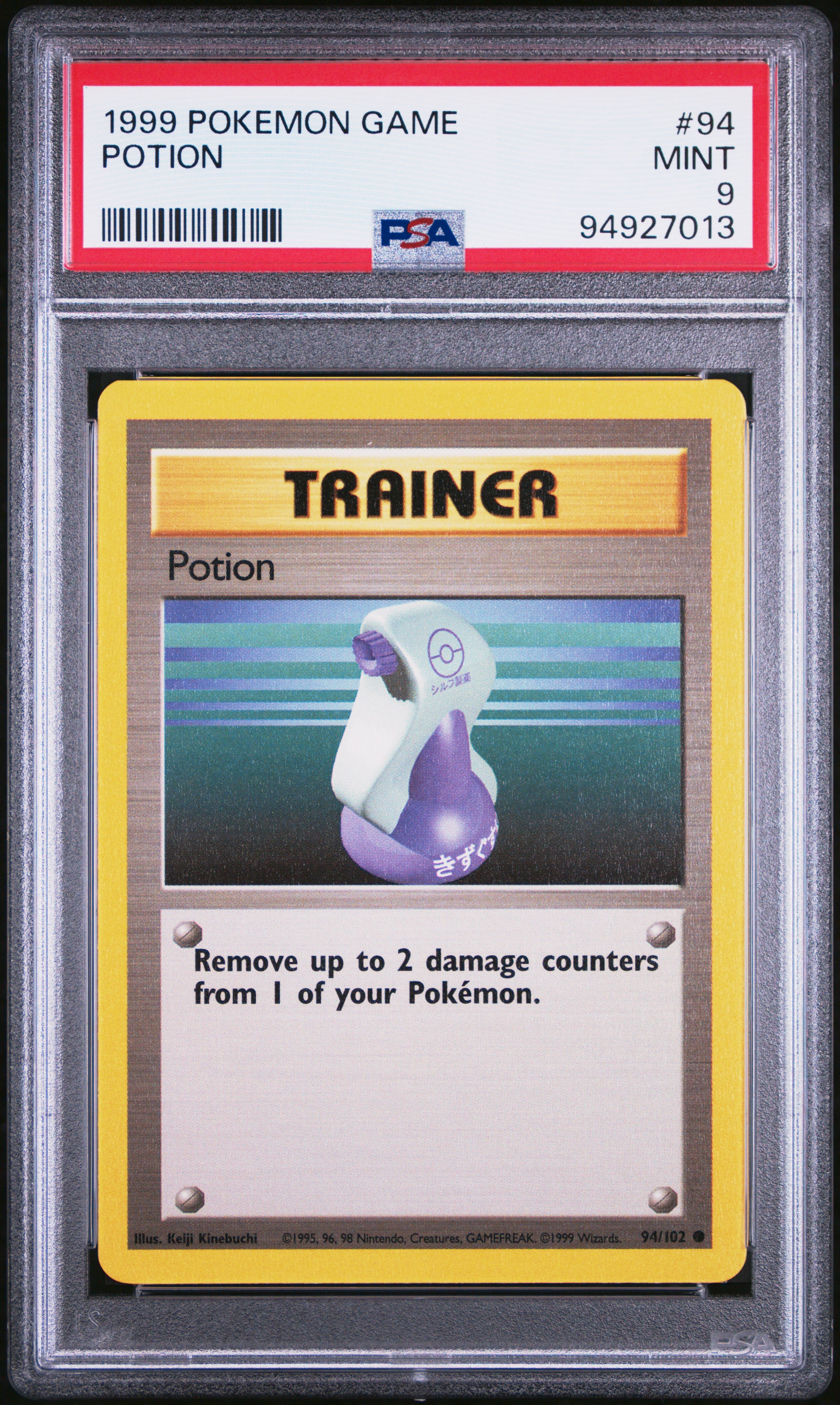 Enhance your collection with the pristine 1999 Pokémon Base Set Potion #94/102, PSA Graded 9! A gem for vintage Pokémon card collectors aiming for top-quality additions. Secure this rare find today.