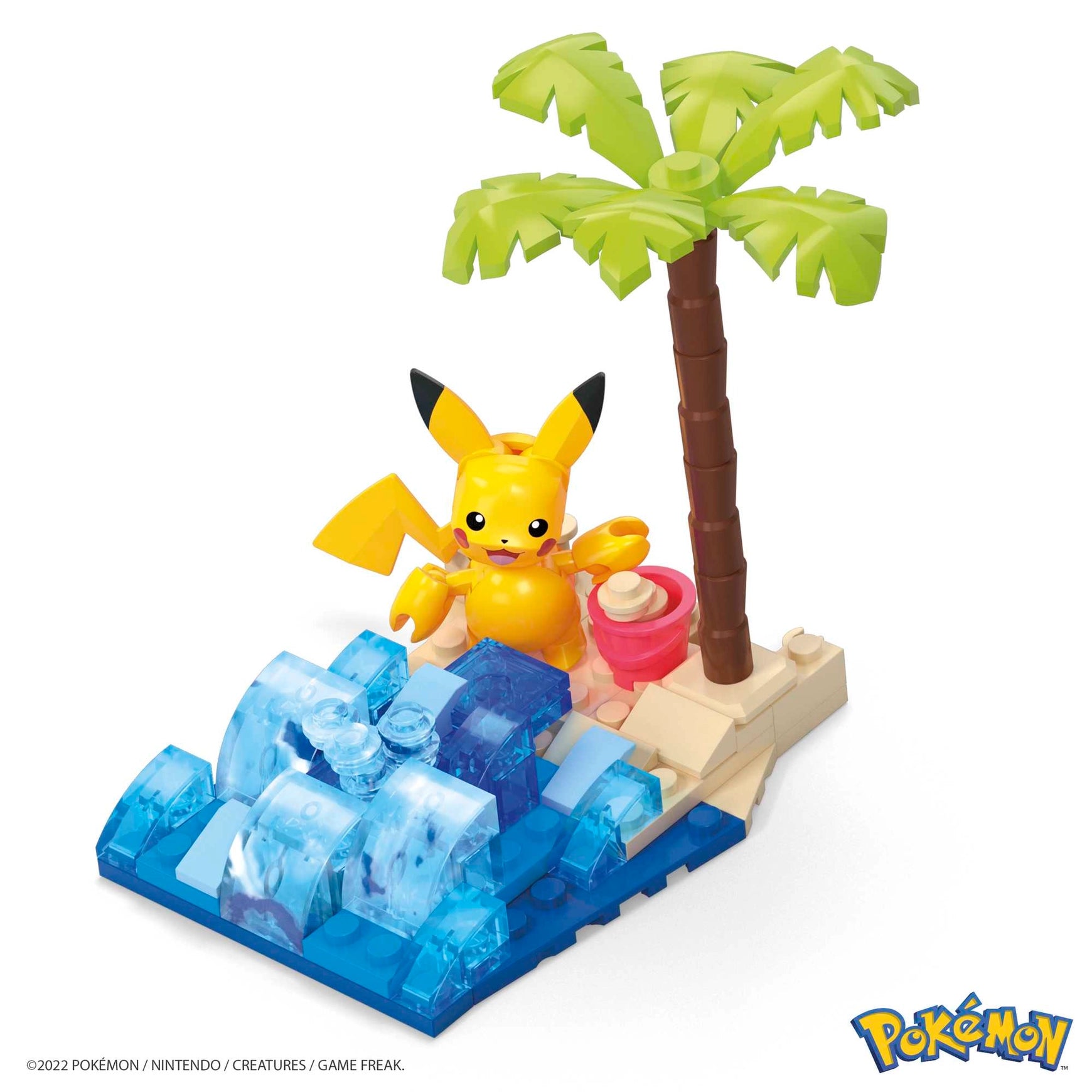 Build a sunny beach for a Pikachu figure to splash around in. The set combines with other Adventure Builder sets to create an expanded Pokémon world full of authentically designed details.

Check out Bulbasaur’s Forest Fun or other larger sets, each sold separately. MEGA Pokémon building toys are designed for ages 7 and up Pikachu figure and interconnecting beach environment building set.