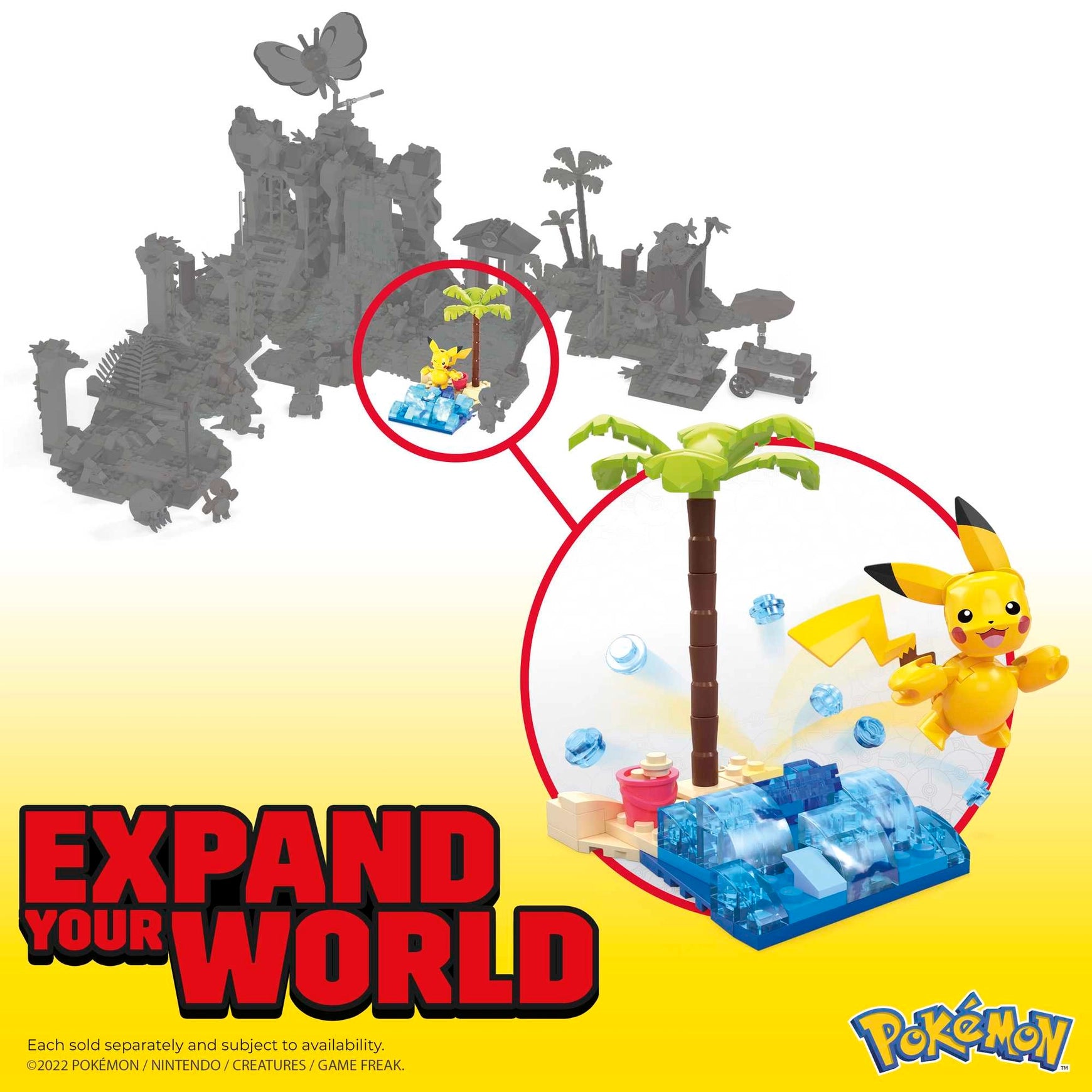 Build a sunny beach for a Pikachu figure to splash around in. The set combines with other Adventure Builder sets to create an expanded Pokémon world full of authentically designed details.

Check out Bulbasaur’s Forest Fun or other larger sets, each sold separately. MEGA Pokémon building toys are designed for ages 7 and up Pikachu figure and interconnecting beach environment building set.