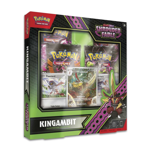 Kingambit Brings Down the Big Blade! Kingambit overcomes all challengers to become the leader of its own army! With this noble collection, you can add the Big Blade Pokémon to your team as an illustration rare-style promo card, joined by foil cards featuring Pawniard and Bisharp. You’ll also find four booster packs from the special Scarlet & Violet—Shrouded Fable expansion! 